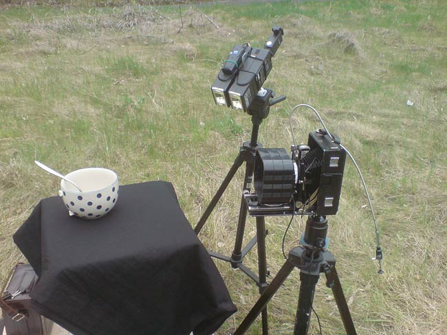 Zwei Blitzgeräte an einer Pinhole Kamera